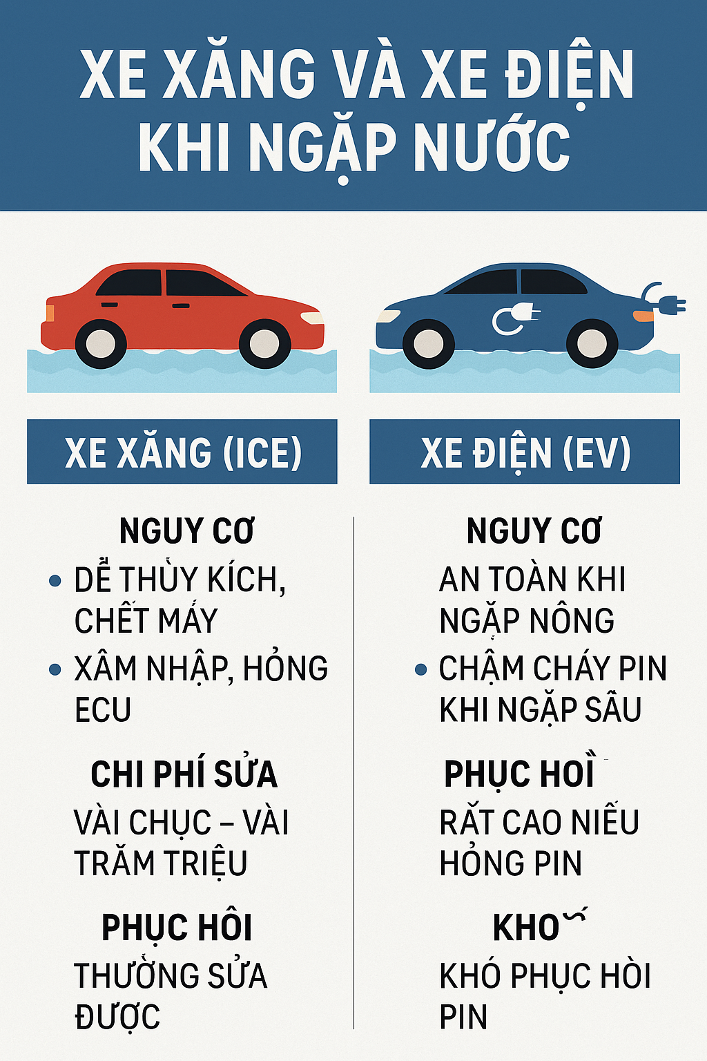 Xe điện vs. xe xăng khi ngập nước: rủi ro, thiệt hại và cách xử lý