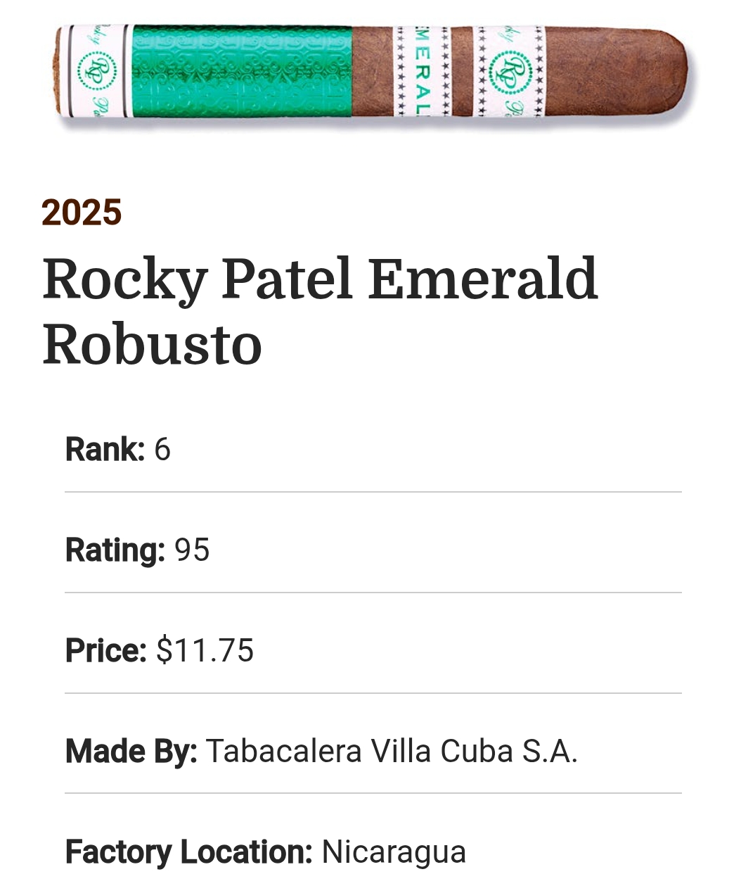 Rocky Patel Emerald Robusto – Top 25 Cigar Aficionado 2025 hạng #6
