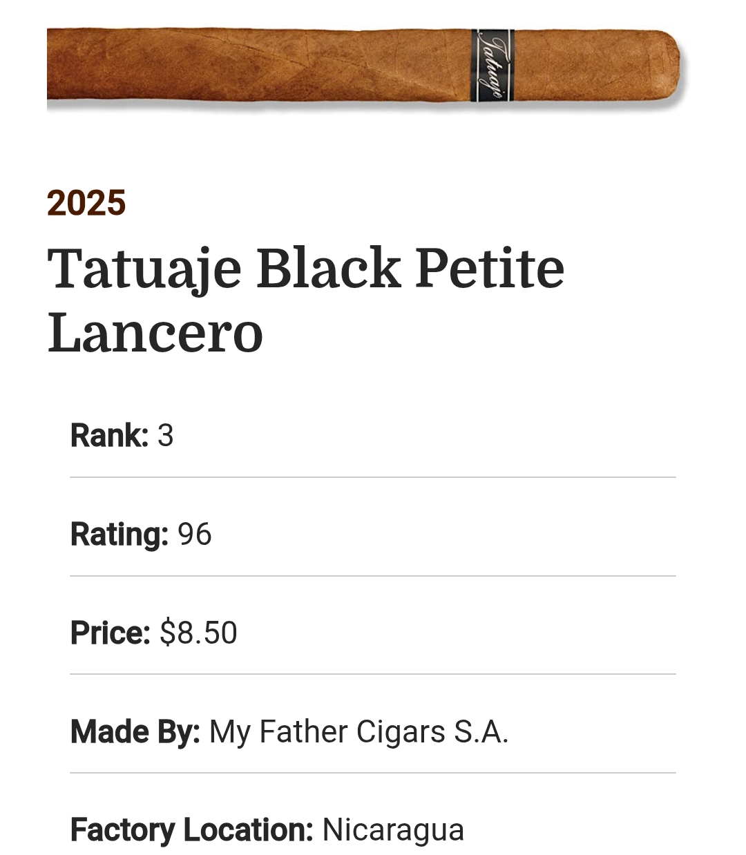 Tatuaje Black Petite Lancero – Hạng 3 Top 25 Cigar 2025