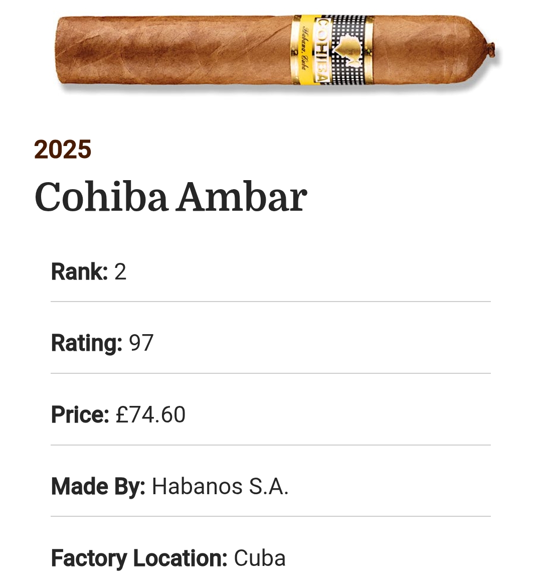 Cohiba Ambar – Hạng 2 Top 25 Cigar 2025 – Huyền thoại Cuba