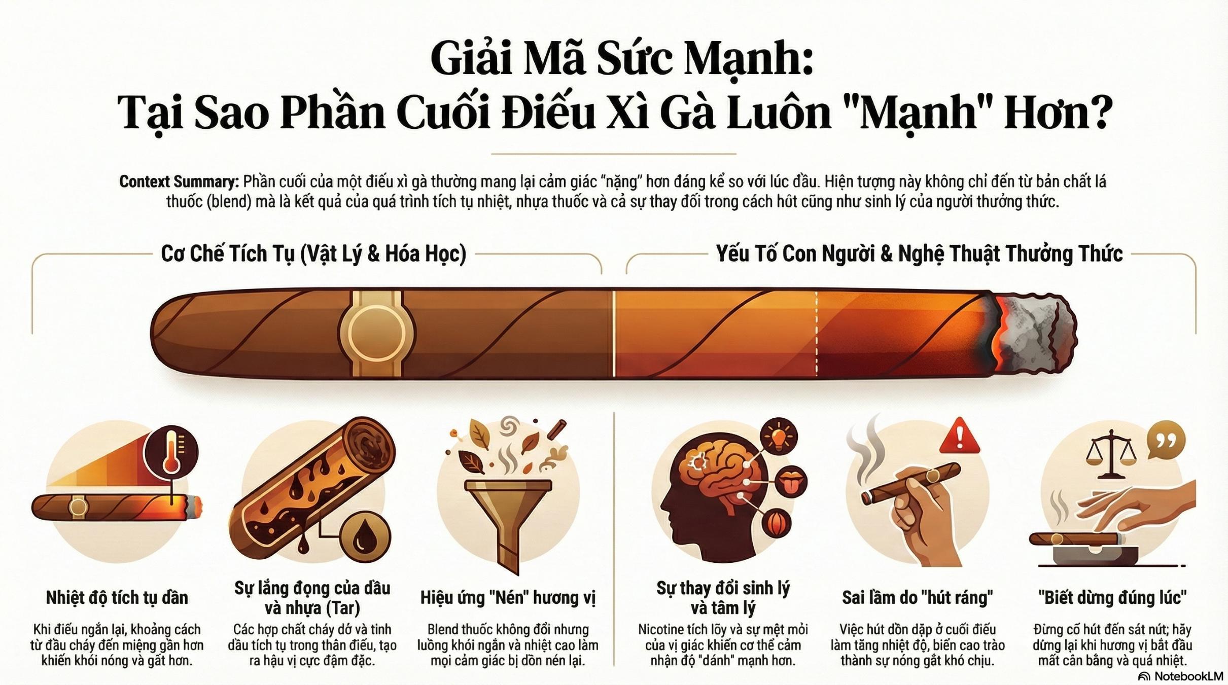 Vì sao phần cuối điếu xì gà thường mạnh hơn